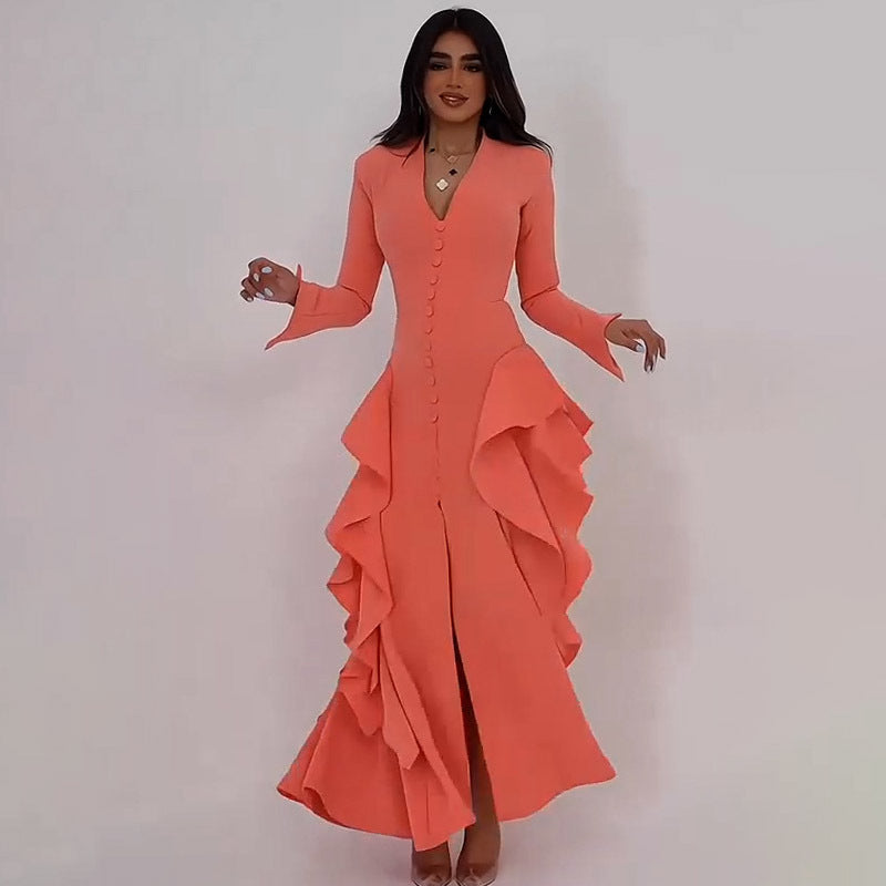 Elegantes V-Ausschnitt Maxikleid mit Rüschen – Bild 4 | LuxeStyle