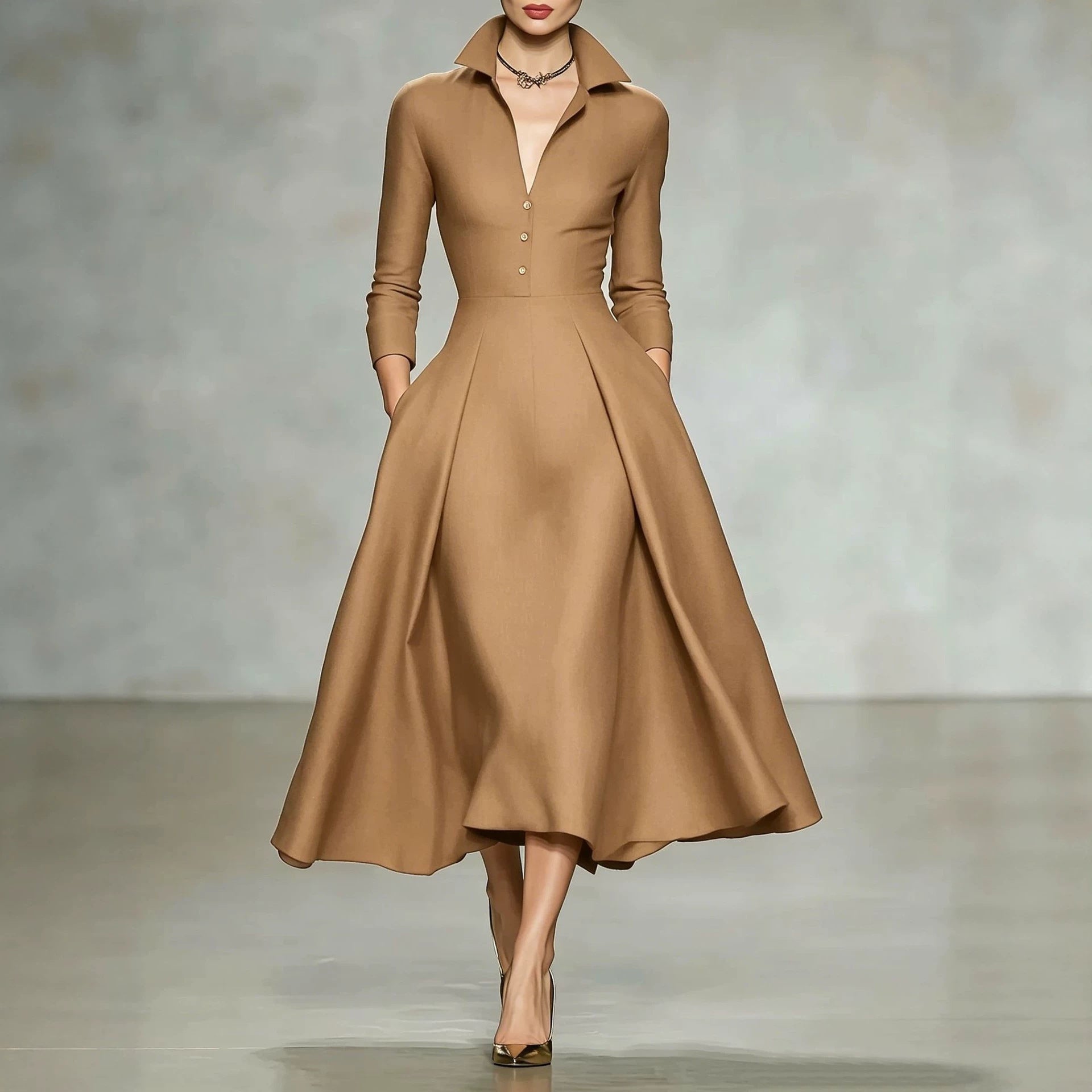 Tailliertes Langarm-Midikleid mit V-Ausschnitt