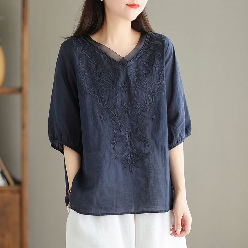 Besticktes Leinen-Baumwoll-Shirt