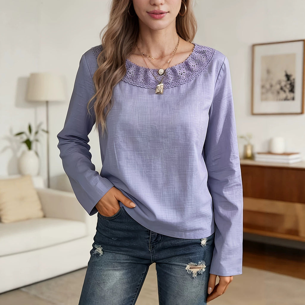 Lavendelfarbenes Langarm-Top mit Spitze