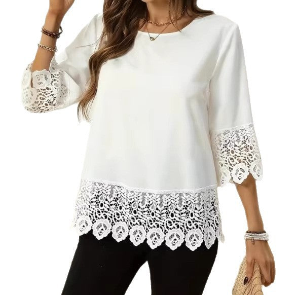 Spitzenbesetztes Langarmshirt mit Rundhals