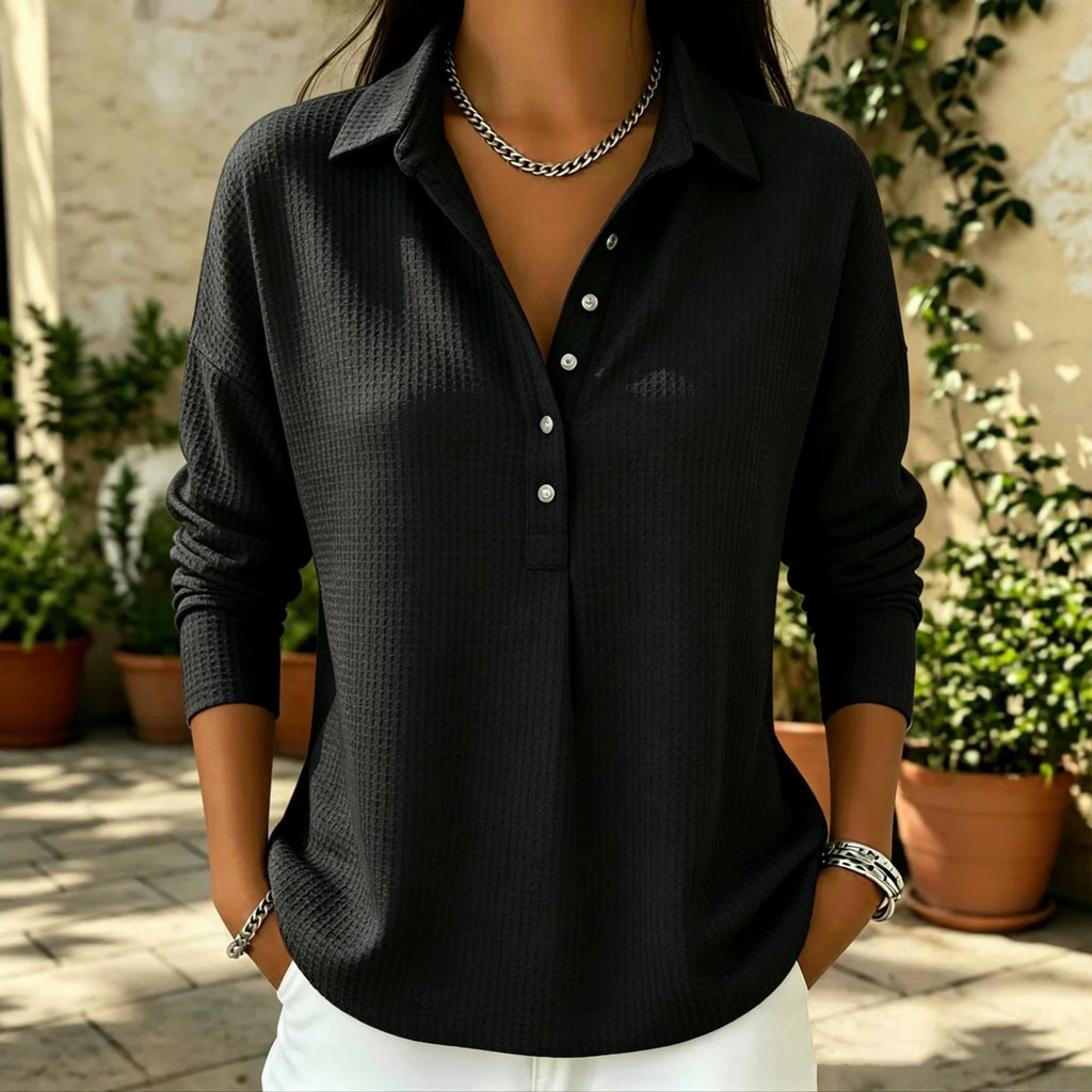 Einfarbige Waffelgewebe-Button-up-Hemd mit Kragen und Langarm