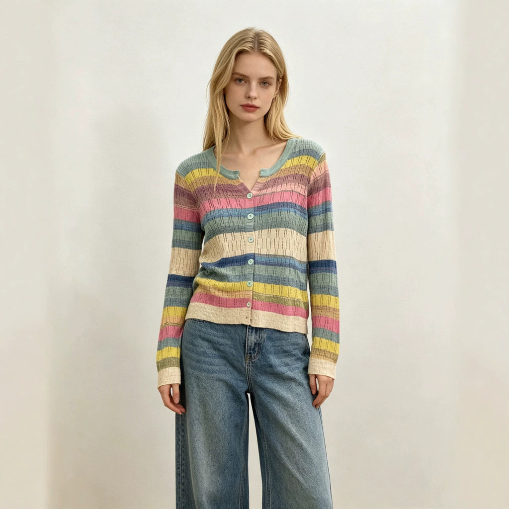 V-Neck Strick-Cardigan mit Farbblock-Streifen