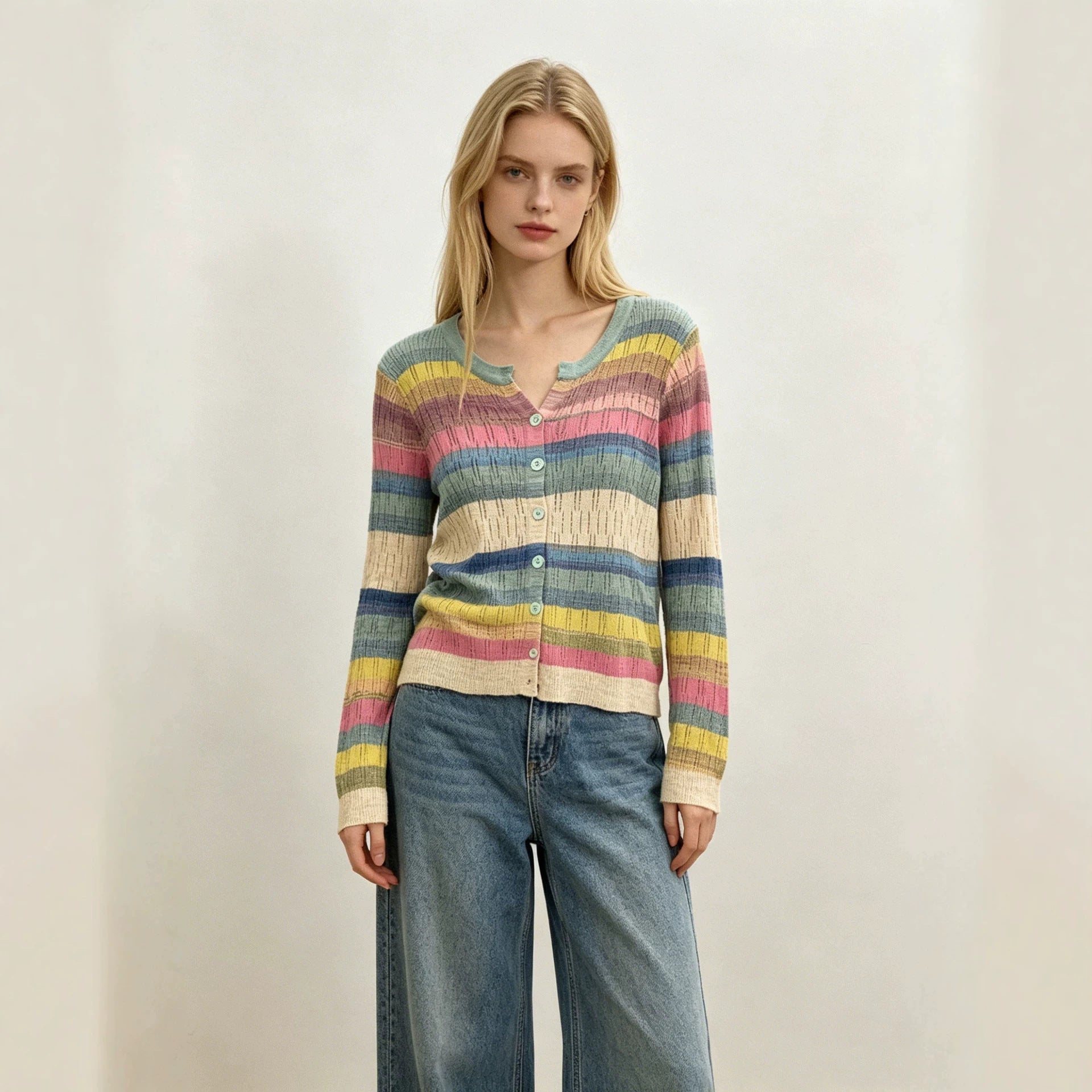 V-Neck Strick-Cardigan mit Farbblock-Streifen