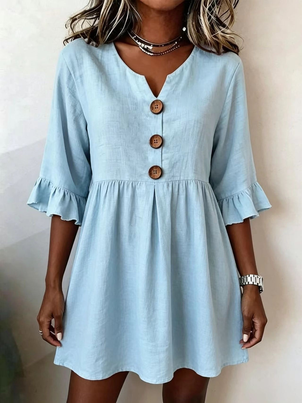 V-Ausschnitt Baumwoll-Leinen Midi-Kleid – Bild 5 | LuxeStyle