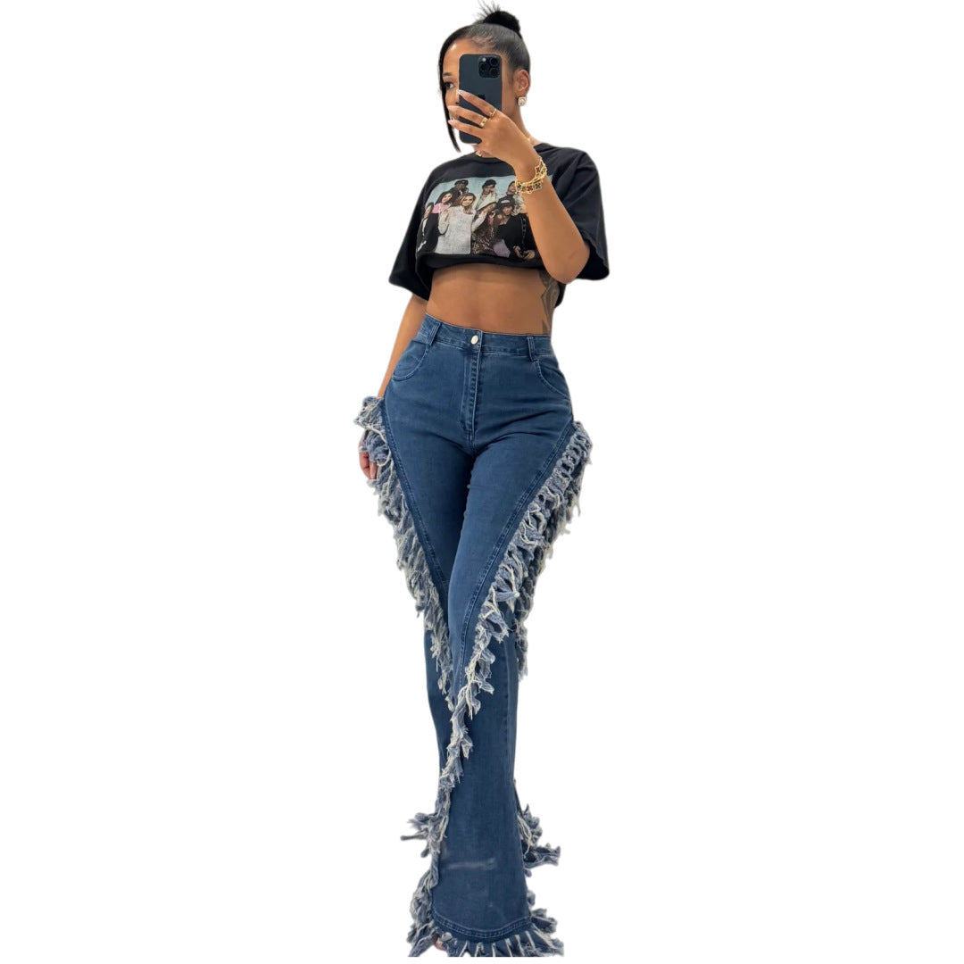 Stretch-Flare-Jeans mit Fransen