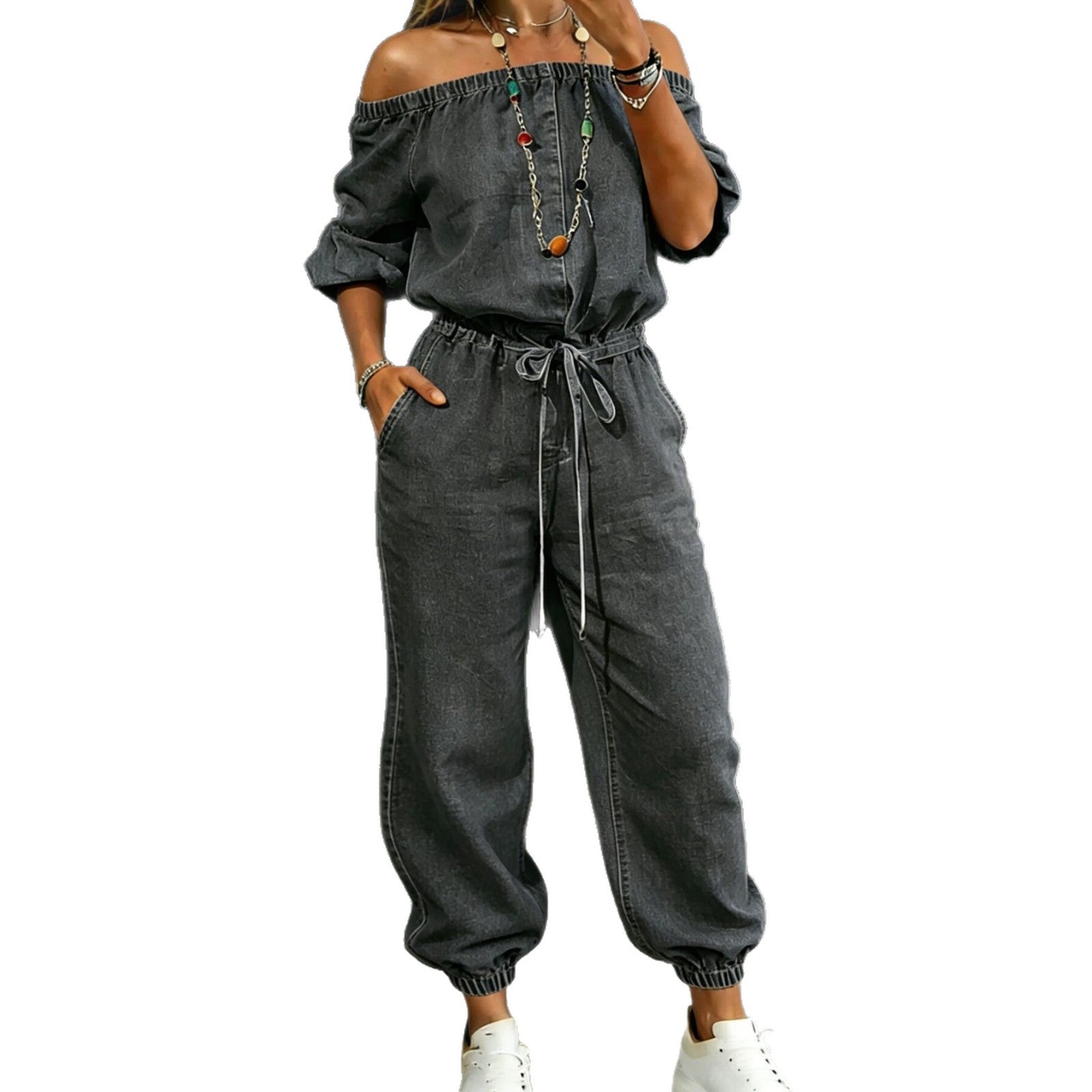 Denim Jumpsuit schulterfrei mit Bindebändern