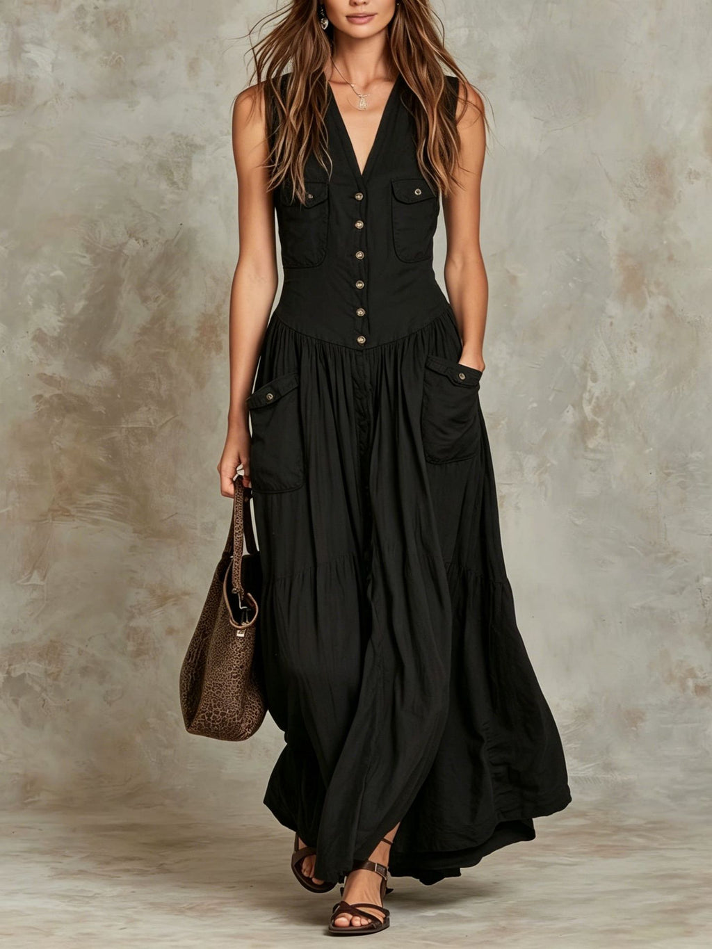Ärmelloses V-Neck Vintage Kleid mit Knöpfen – Bild 11 | LuxeStyle
