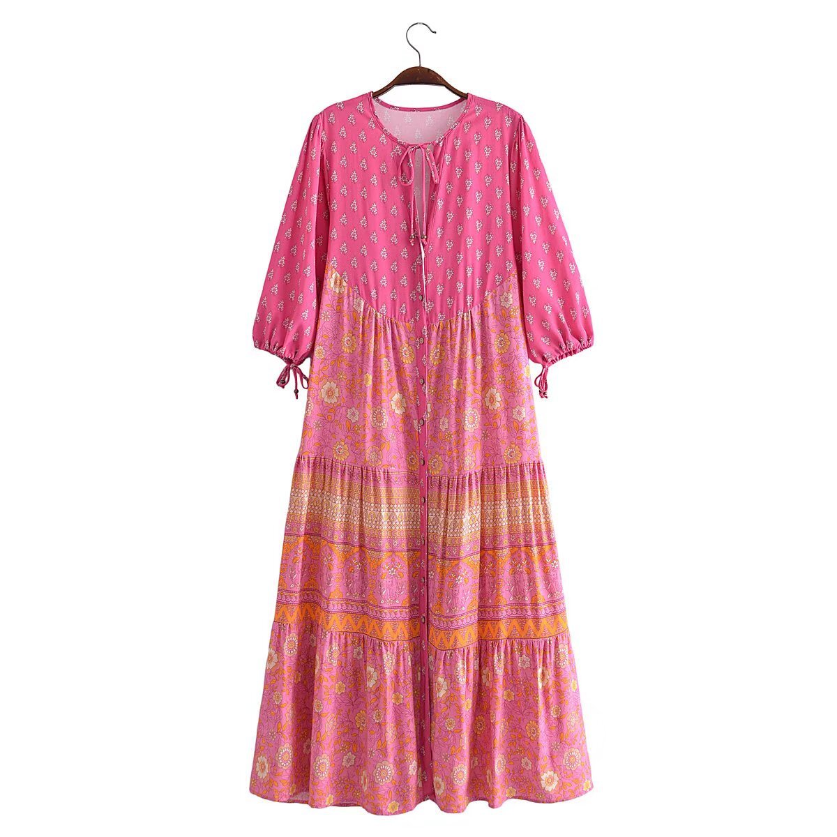 Boho Baumwollkleid mit Blumenmuster und halbem Arm – Bild 4 | LuxeStyle