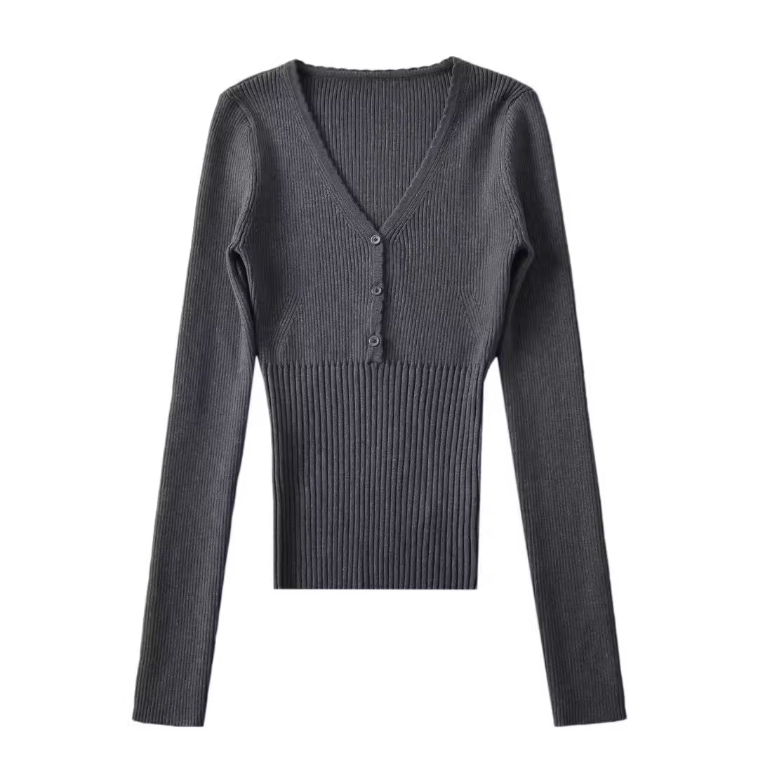 V-Ausschnitt Langarm-Strick-Top – Bild 4 | LuxeStyle