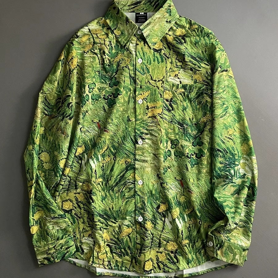 Grünblaues Pflanzenöl-Malerei-Shirt mit langen Ärmeln – Bild 2 | LuxeStyle