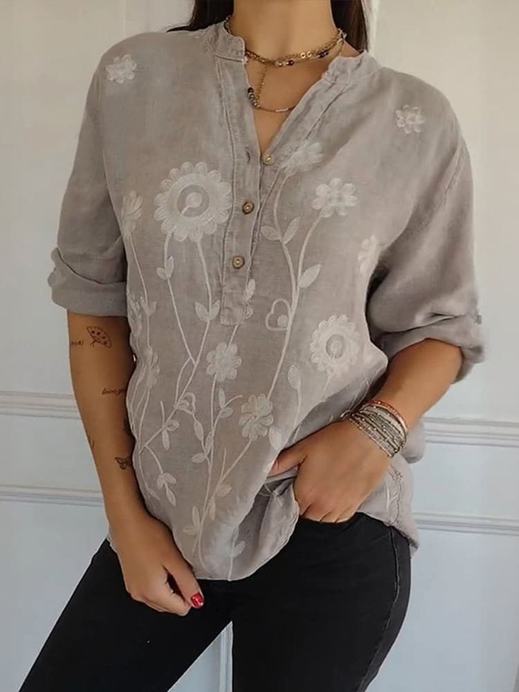 Damen Langarmshirt mit V-Ausschnitt und Stickerei – Bild 3 | LuxeStyle