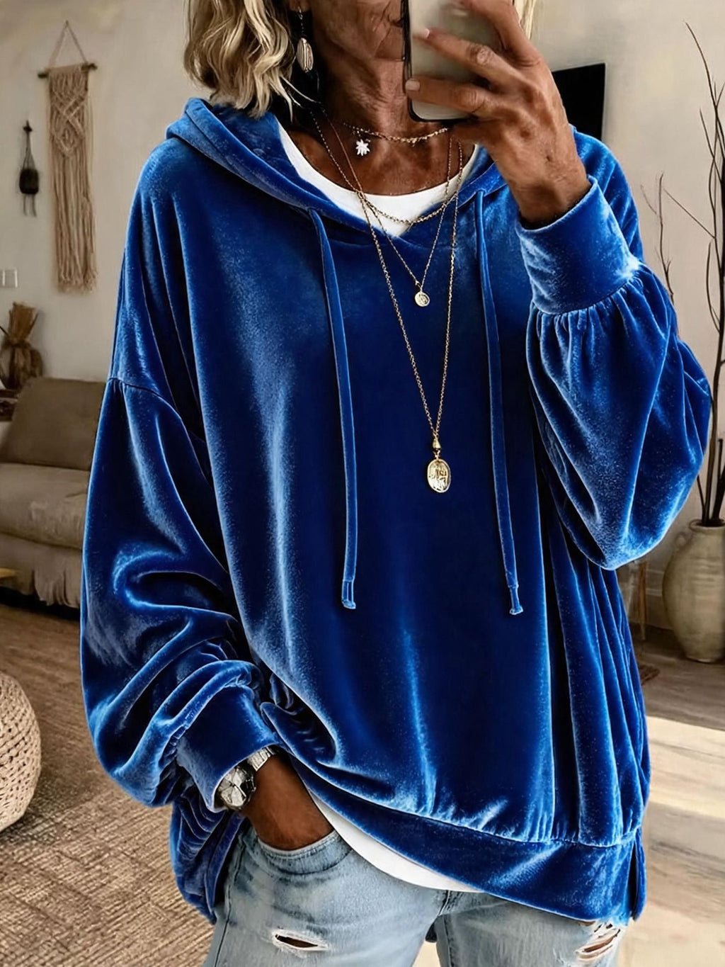 Samt-Hoodie mit Laternenärmeln
