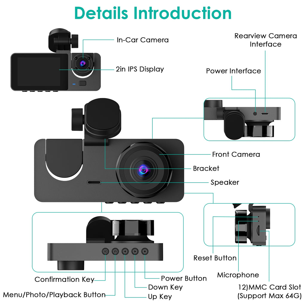 3-Kanal-Dashcam mit Bewegungsmelder