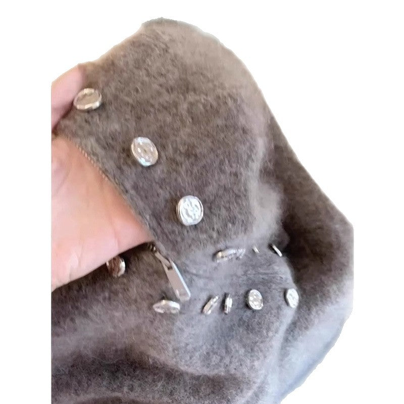 Grauer doppelreihiger Wollpullover mit Stehkragen