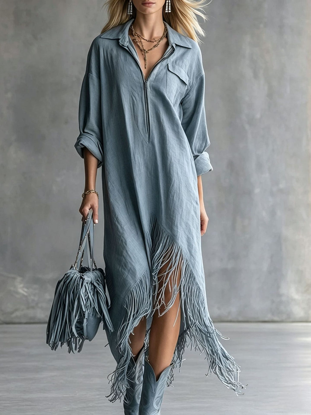 Retro-Fransenkleid mit langen Ärmeln