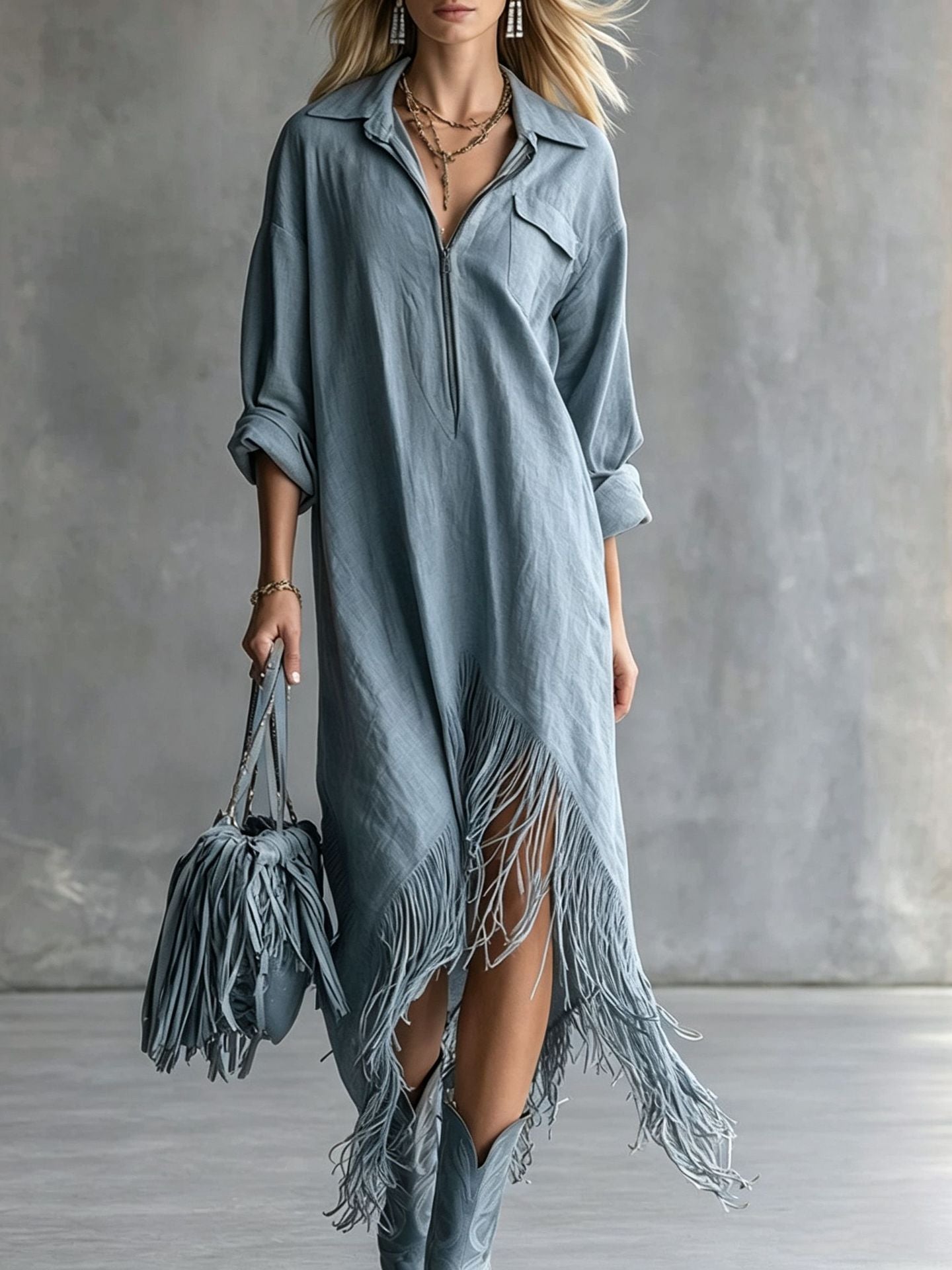 Retro-Fransenkleid mit langen Ärmeln
