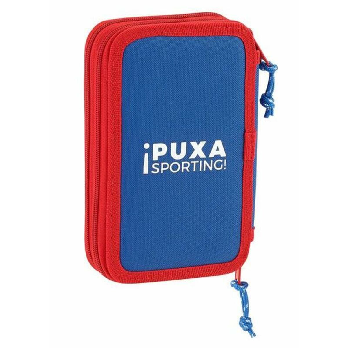 Doppel-Federtasche Real Sporting de Gijón Weiss Rot 12.5 x 19.5 x 4 cm (28 Stücke)