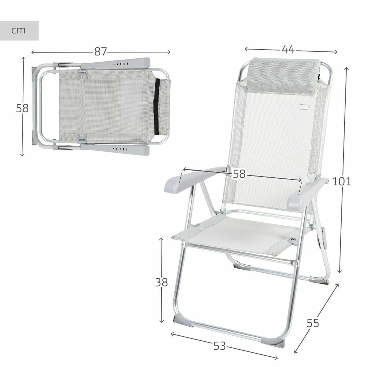 Gepolsterte Campingstuhl Aktive Neigbar Grau 44 x 55 x 101 cm