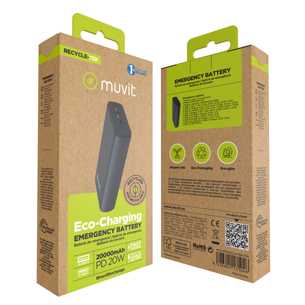 Powerbank Muvit for Change DP200G-R-PD Schwarz 20 W