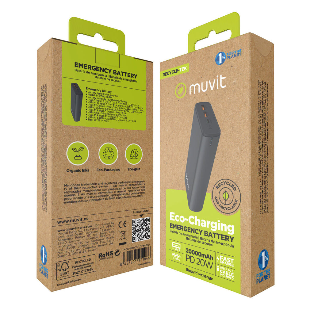 Powerbank Muvit for Change DP200G-R-PD Schwarz 20 W