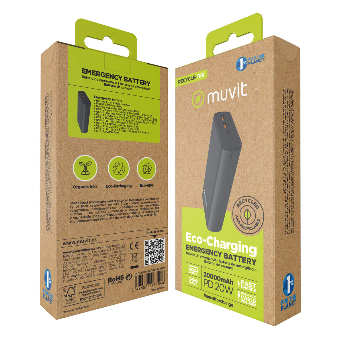 Powerbank Muvit for Change DP200G-R-PD Schwarz 20 W