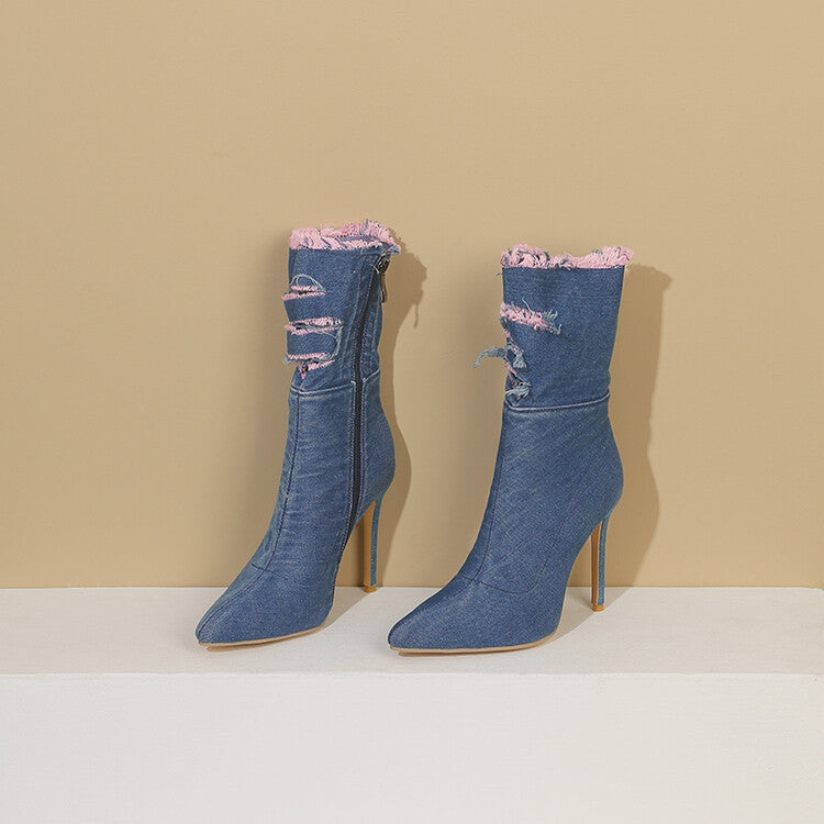 Wind Denim Mid-Calf Boots mit spitzer Zehe