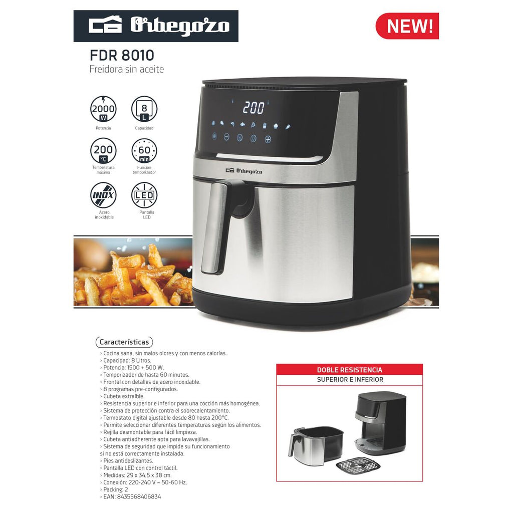 Heißluftfritteuse Orbegozo FDR 8010 Schwarz 1500 W 8 L