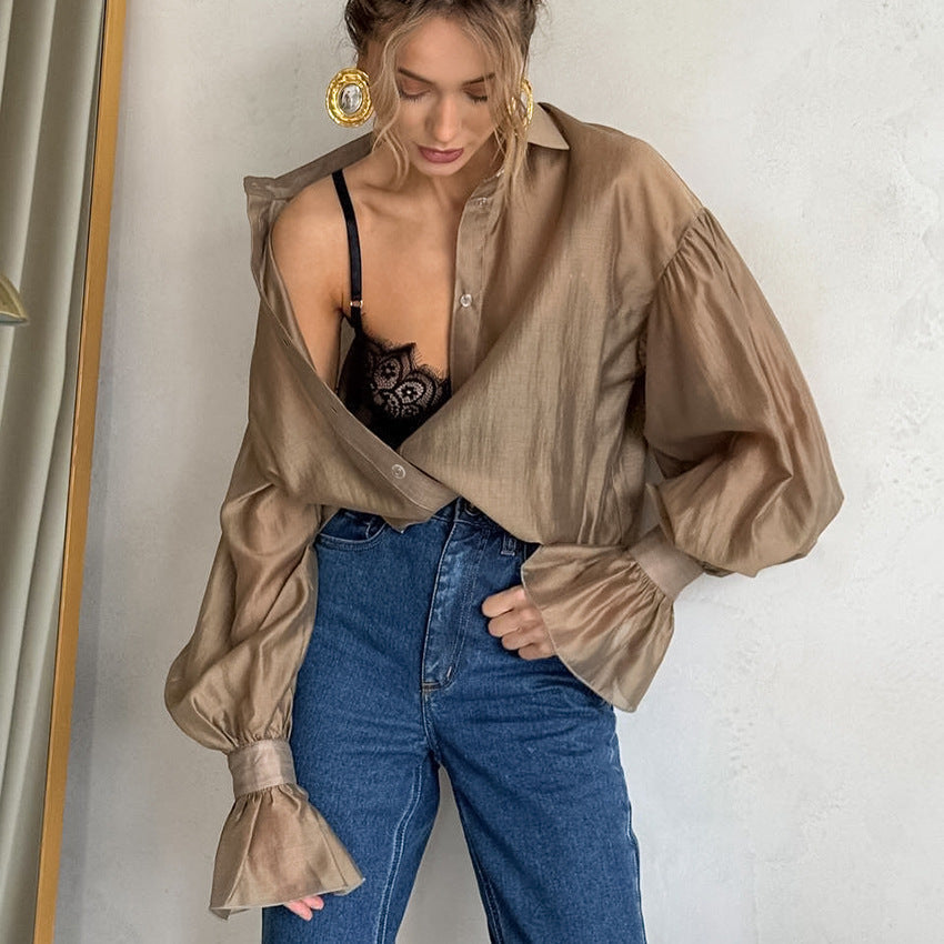 Khaki-Blau Sheer Langarmshirt für Damen – Bild 2 | LuxeStyle