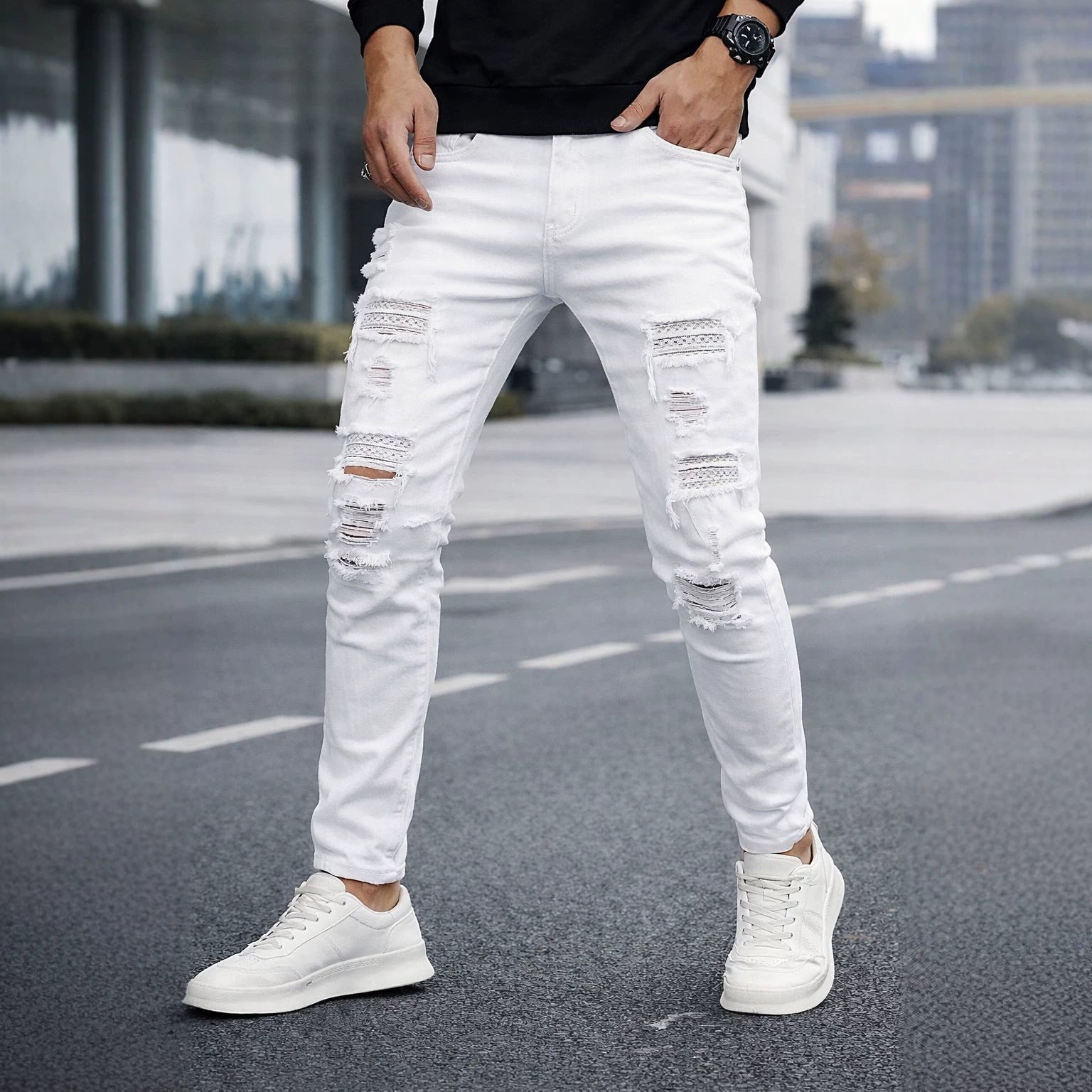 Herren Slim-Fit Jeans mit Perlenstickerei