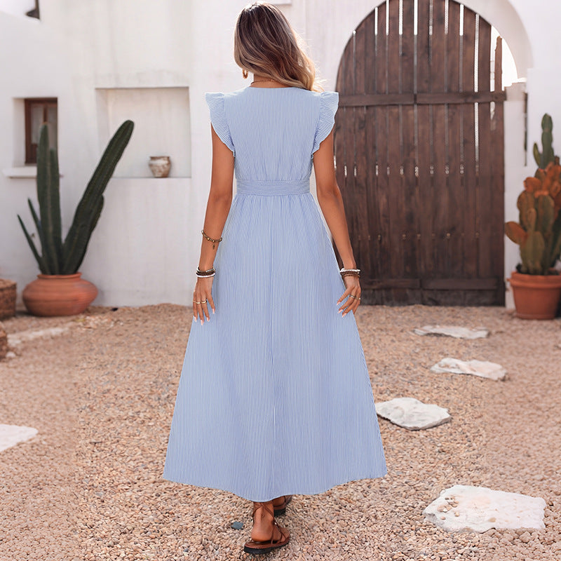 Gestreiftes A-Linien Midikleid mit Cap-Ärmeln