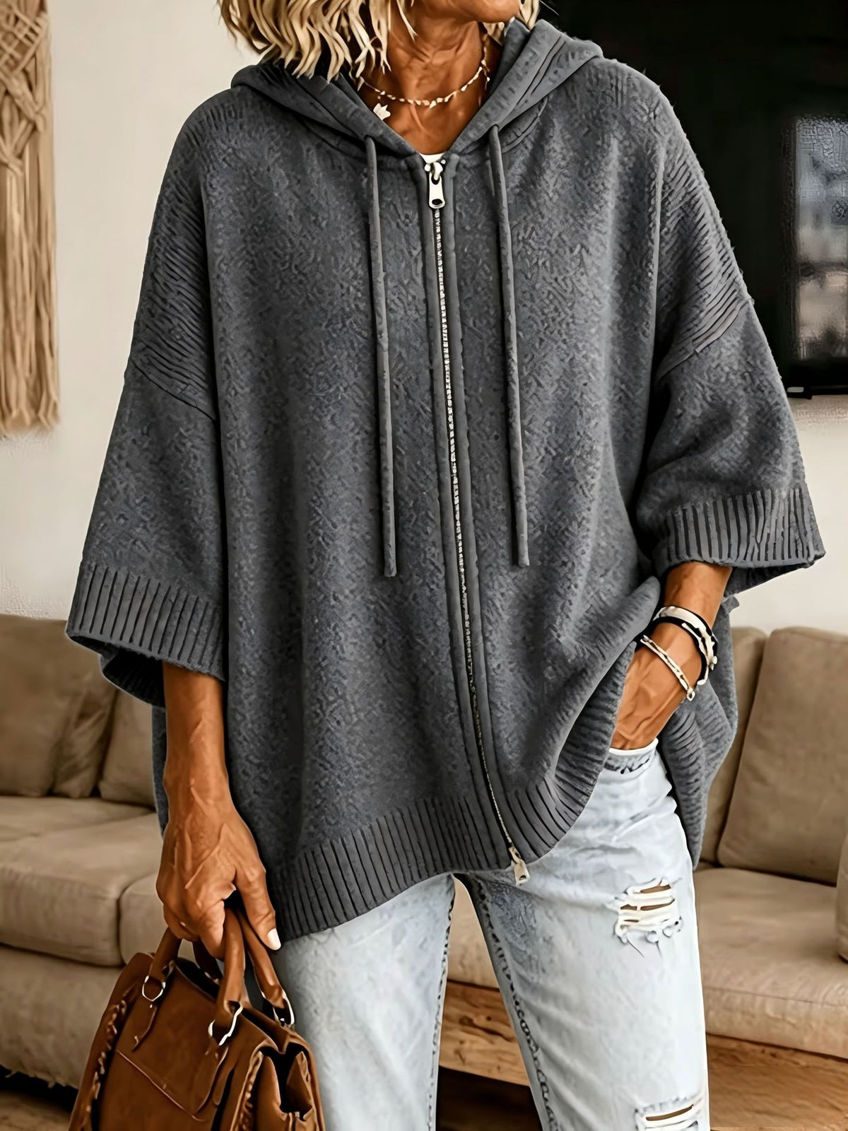 Hooded Cardigan Sweatshirt mit Fledermausärmeln – Bild 2 | LuxeStyle