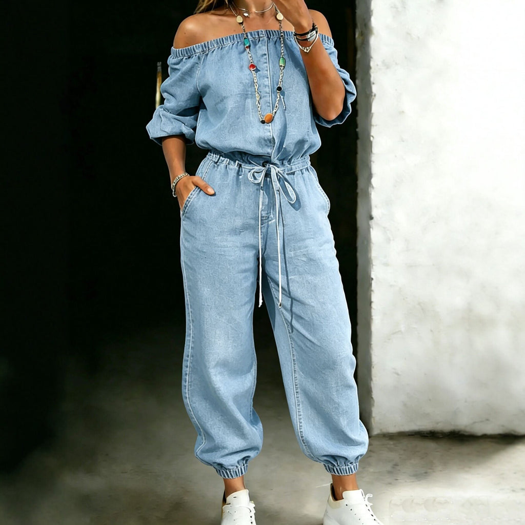 Denim Jumpsuit schulterfrei mit Bindebändern