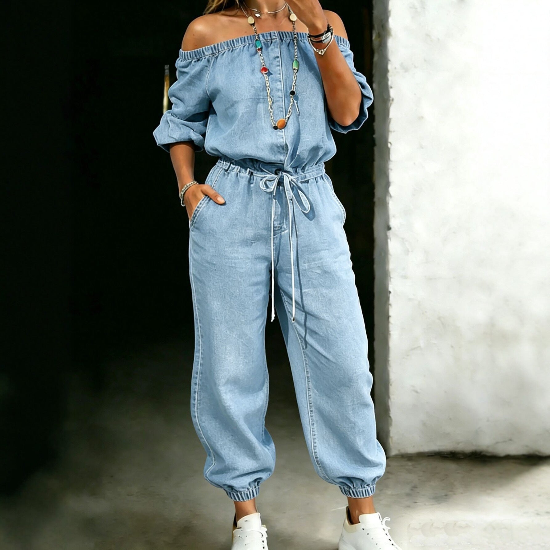 Denim Jumpsuit schulterfrei mit Bindebändern