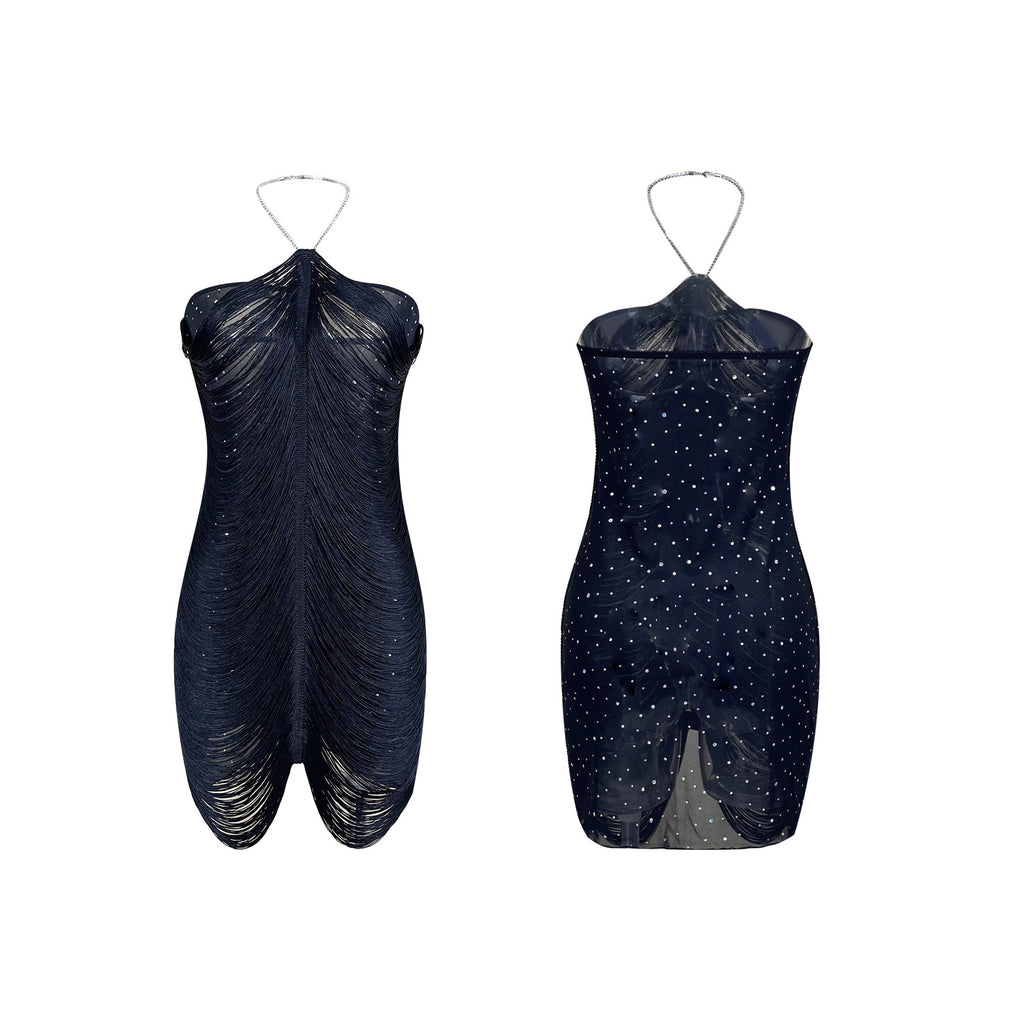 Pailletten-Minikleid mit Fransenkragen