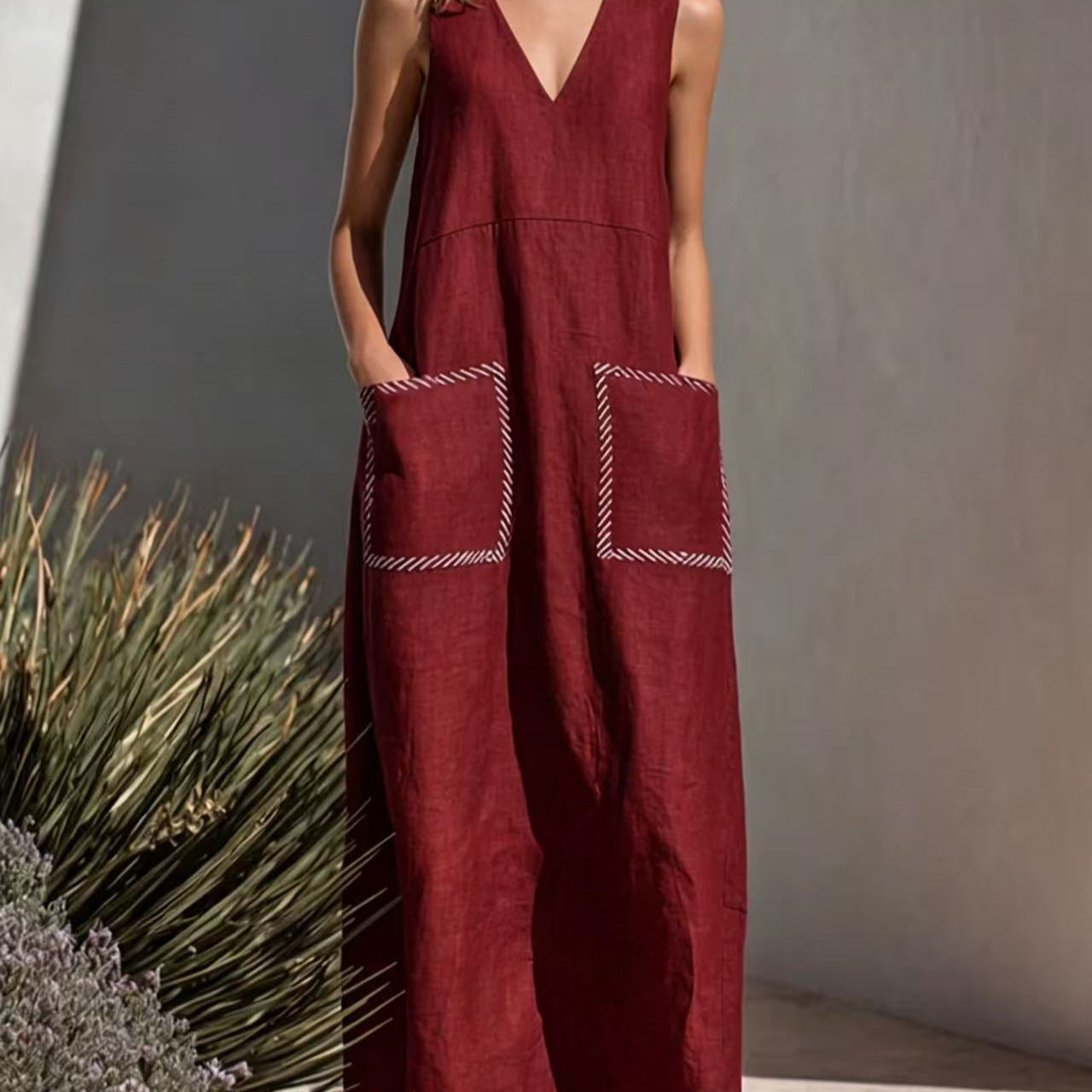 Elegantes ärmelloses V-Ausschnitt-Kleid mit Taschen