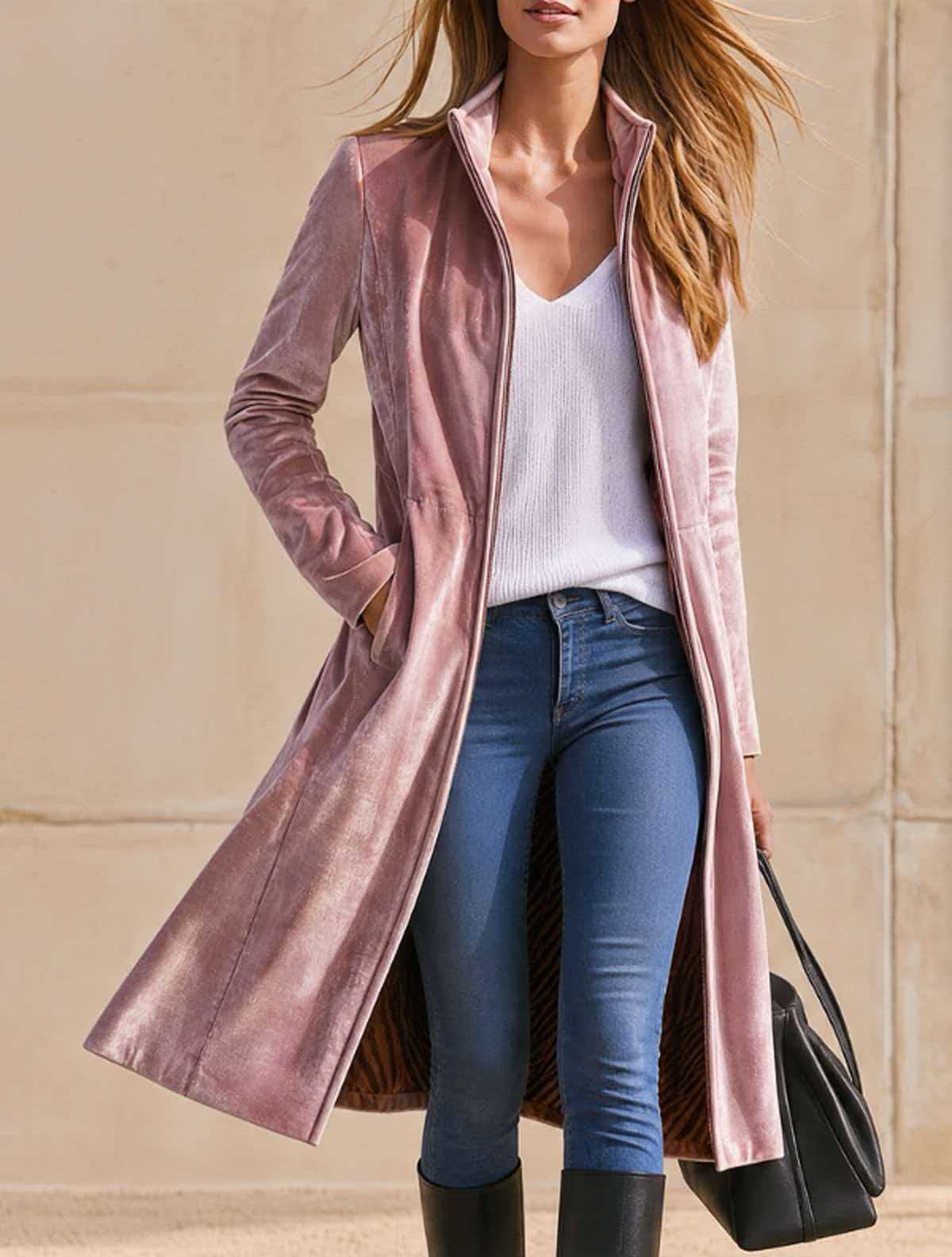 Stehkragen-Mantel über Knie, lang, Reissverschluss – Bild 12 | LuxeStyle