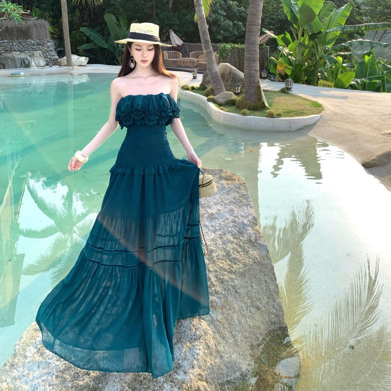 Trägerloses Chiffonkleid mit Rüschensaum – Bild 5 | LuxeStyle