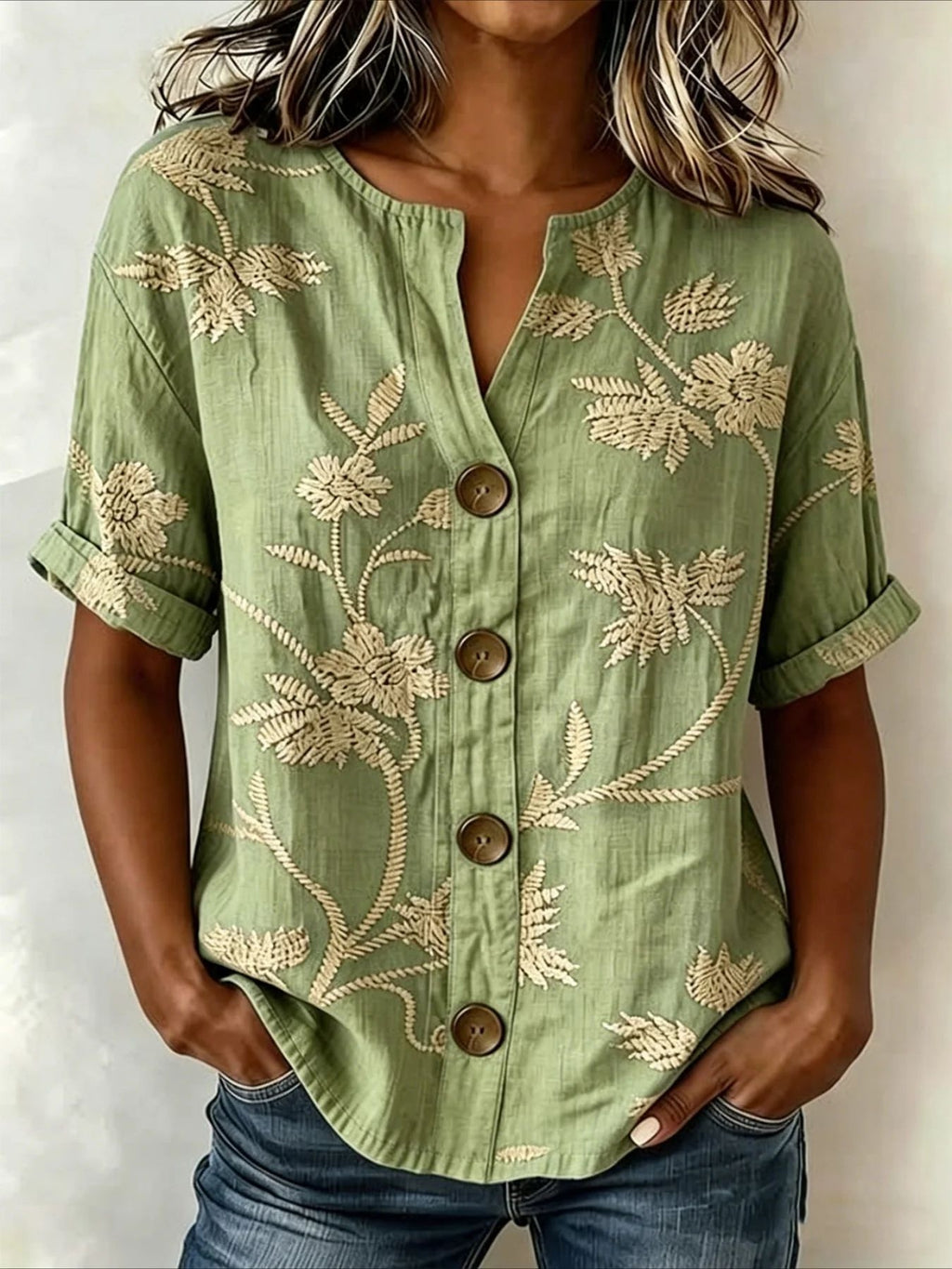 Damen-Bluse mit Laternenärmeln und 3D-Druck