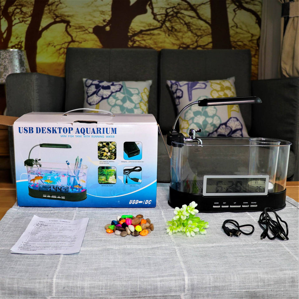 Mini-Aquarium mit Uhrenfunktion, Temperaturalarm und Stifthalter