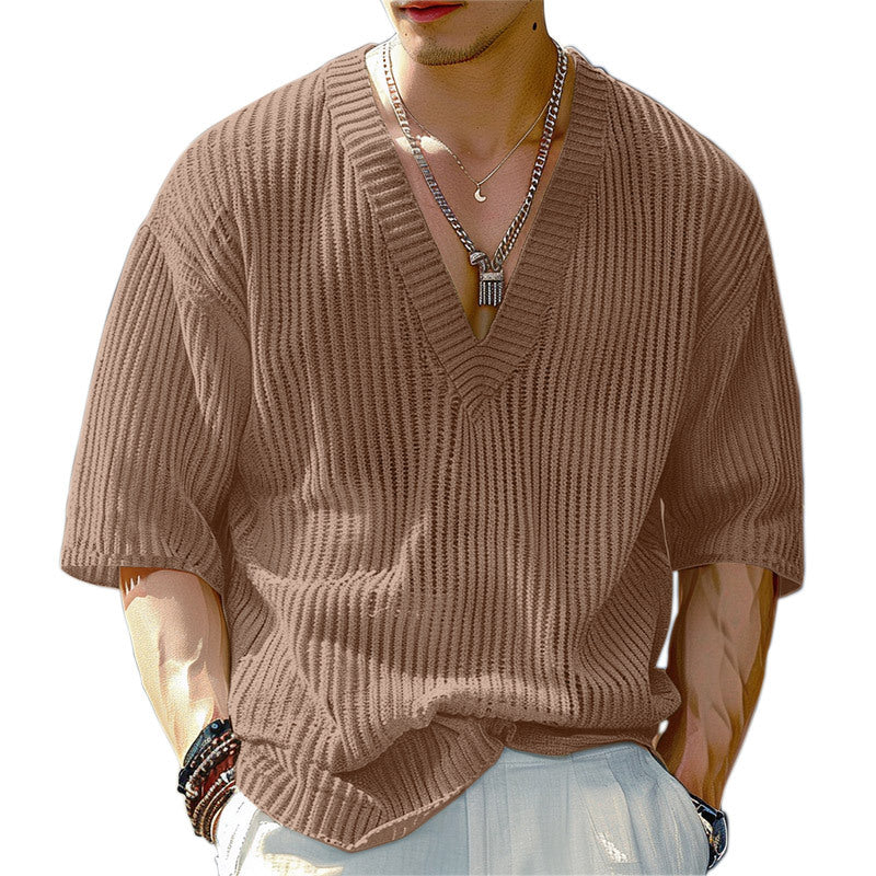 Geripptes V-Neck T-Shirt mit halbem Arm