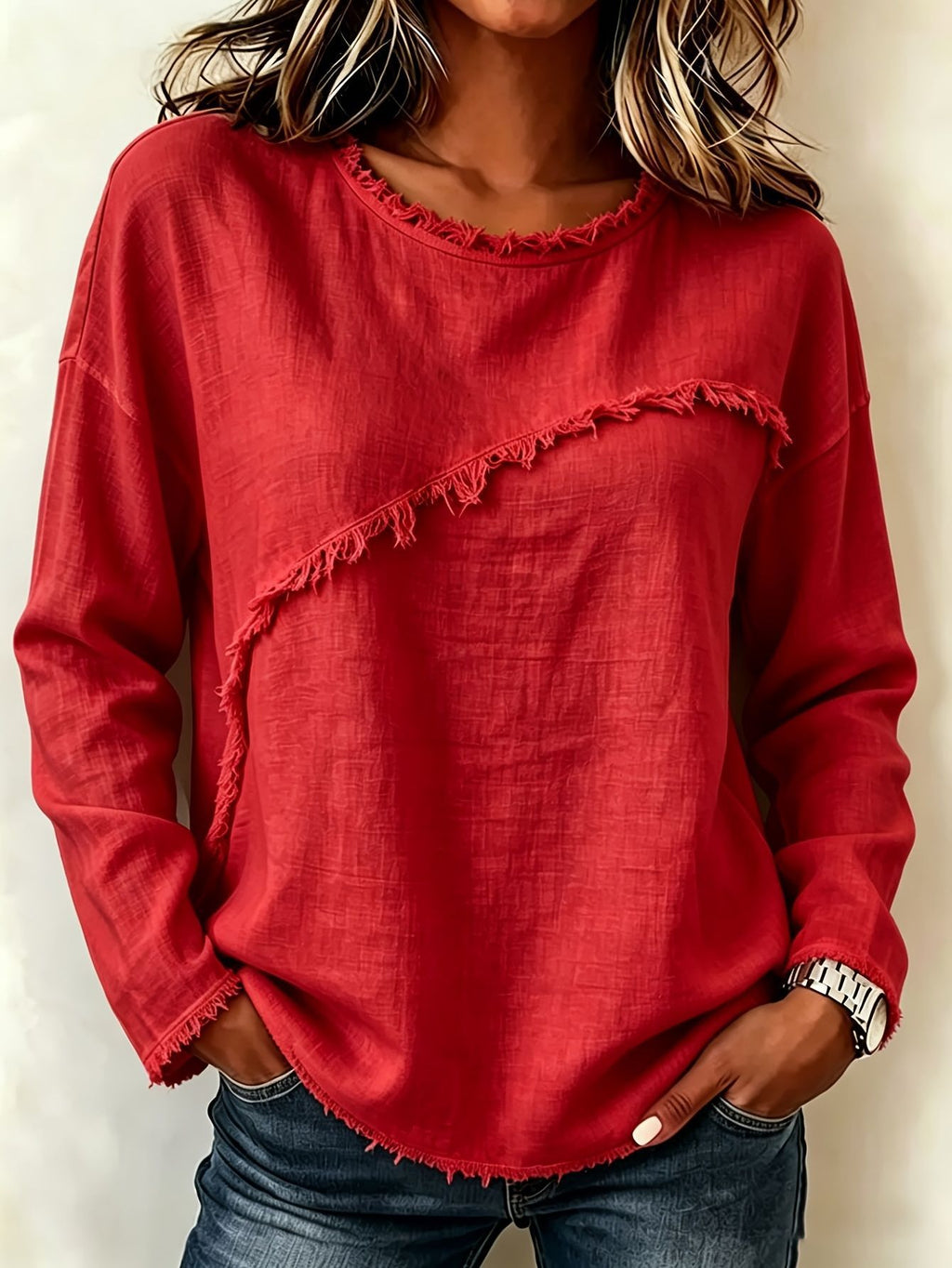 Spitzenbesetztes Langarmshirt mit Rundhals