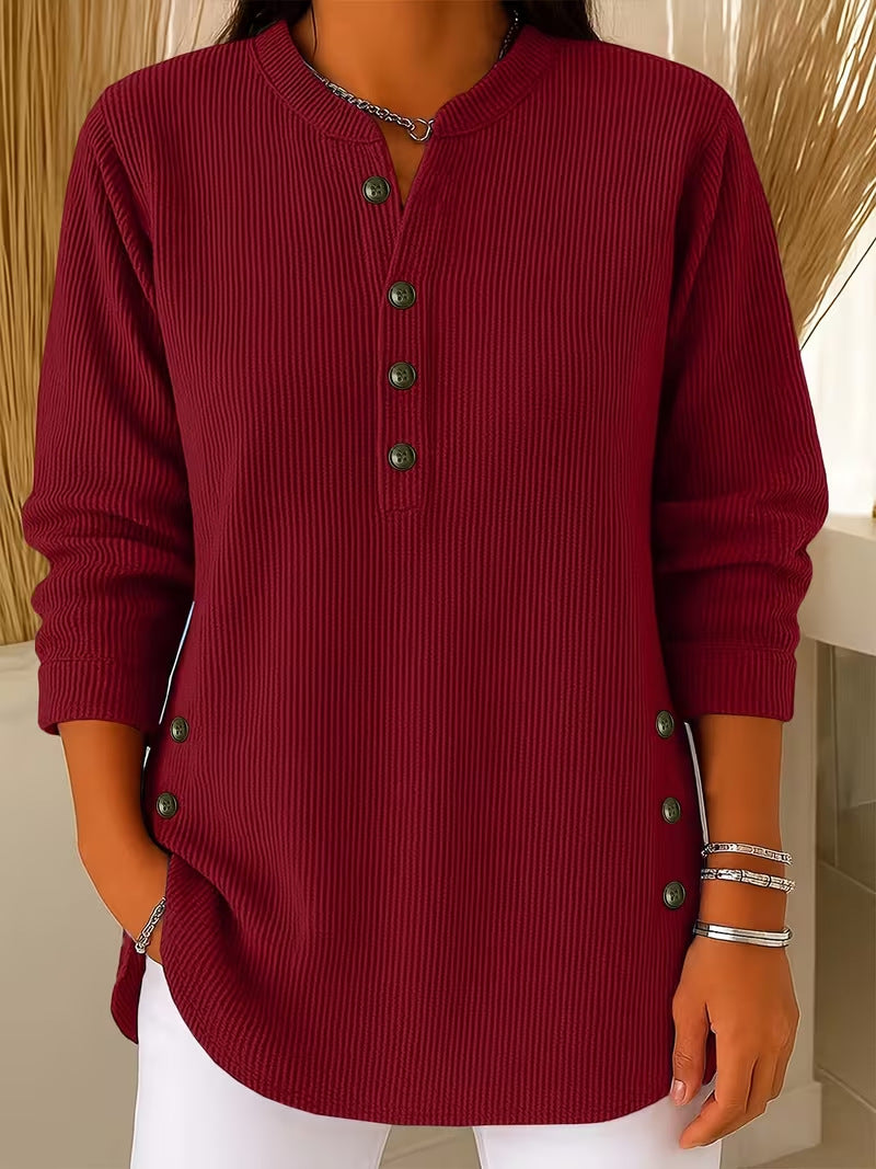 Corduroy V-Neck Langarmshirt mit Knöpfen