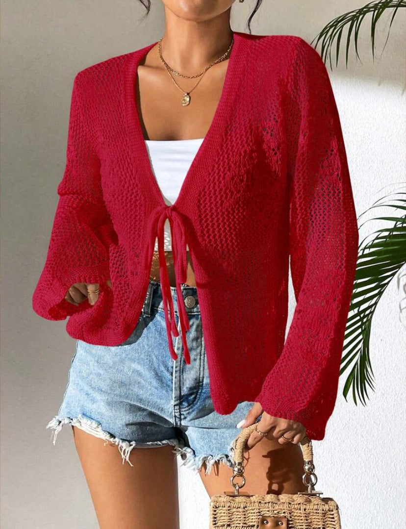 Strick-Cardigan mit Lochmuster und Schnürung – Ansicht 6