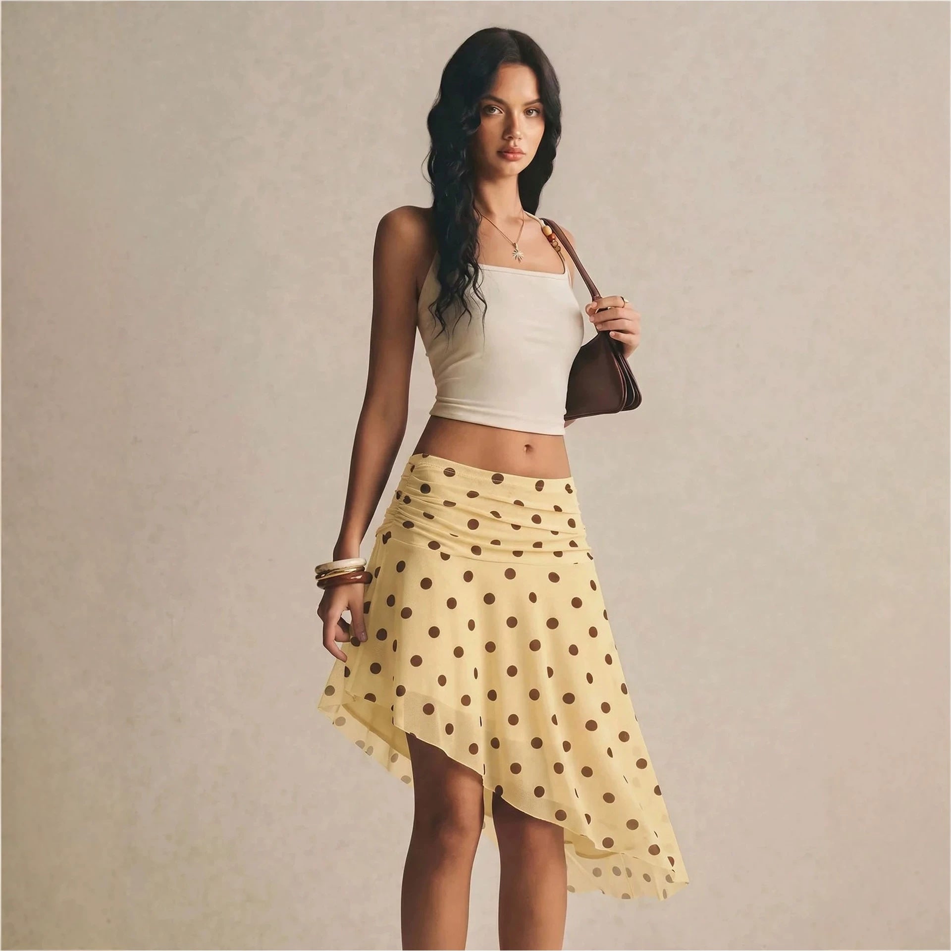 High-waist Plissee-Mesh-Rock mit Polka Dots