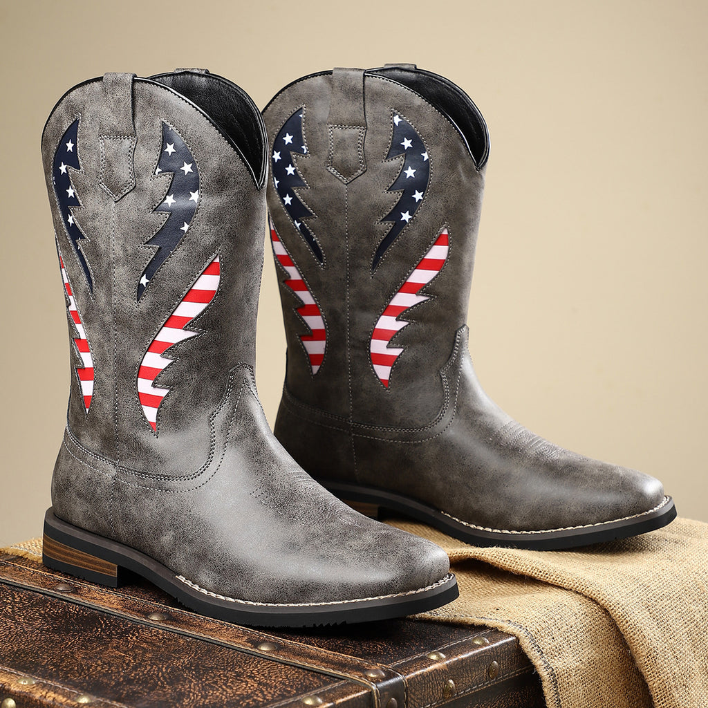 Herren-Lederboots mit Patchwork und Blockabsatz