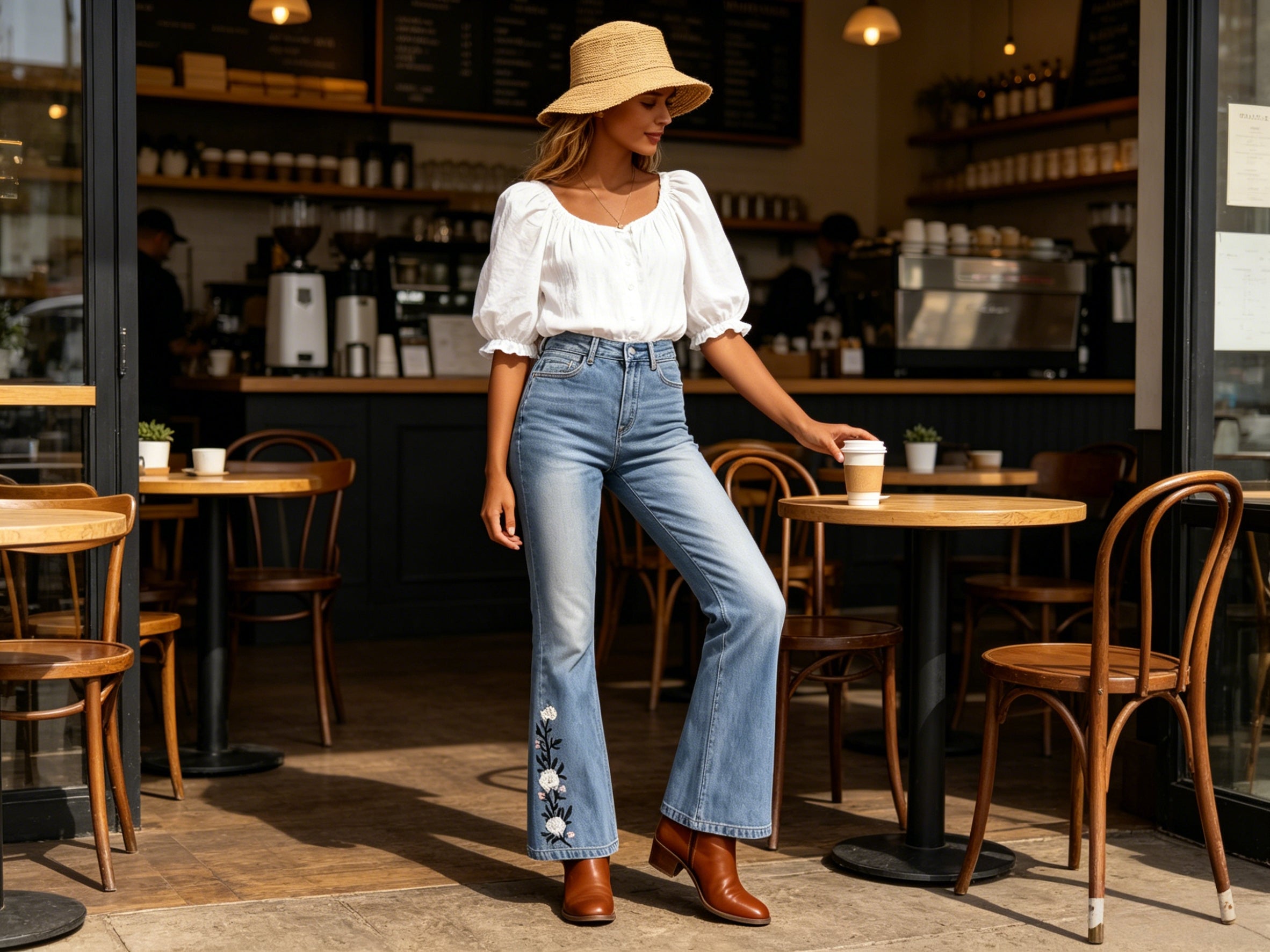 High Waist Flare Jeans mit Blumen-Stickerei