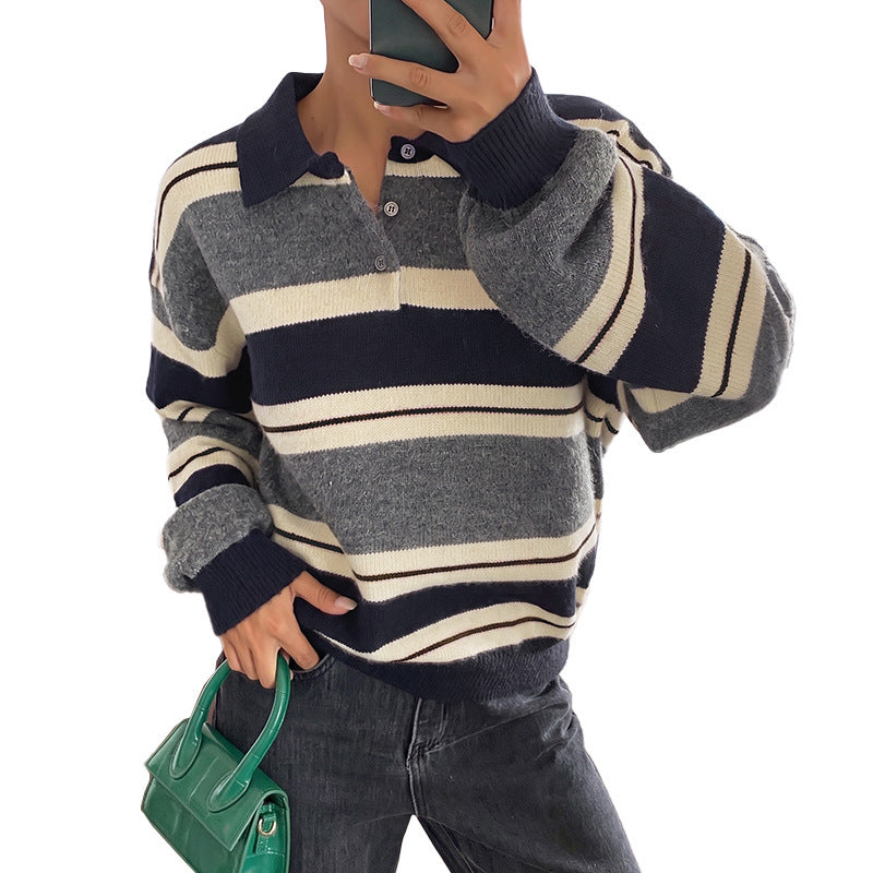 Gestreifter Color-Block V-Neck Strickpullover