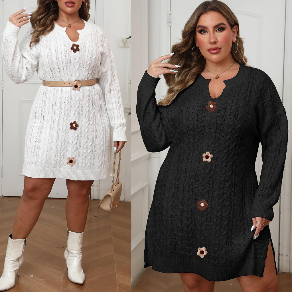V-Ausschnitt Zopfstrickkleid