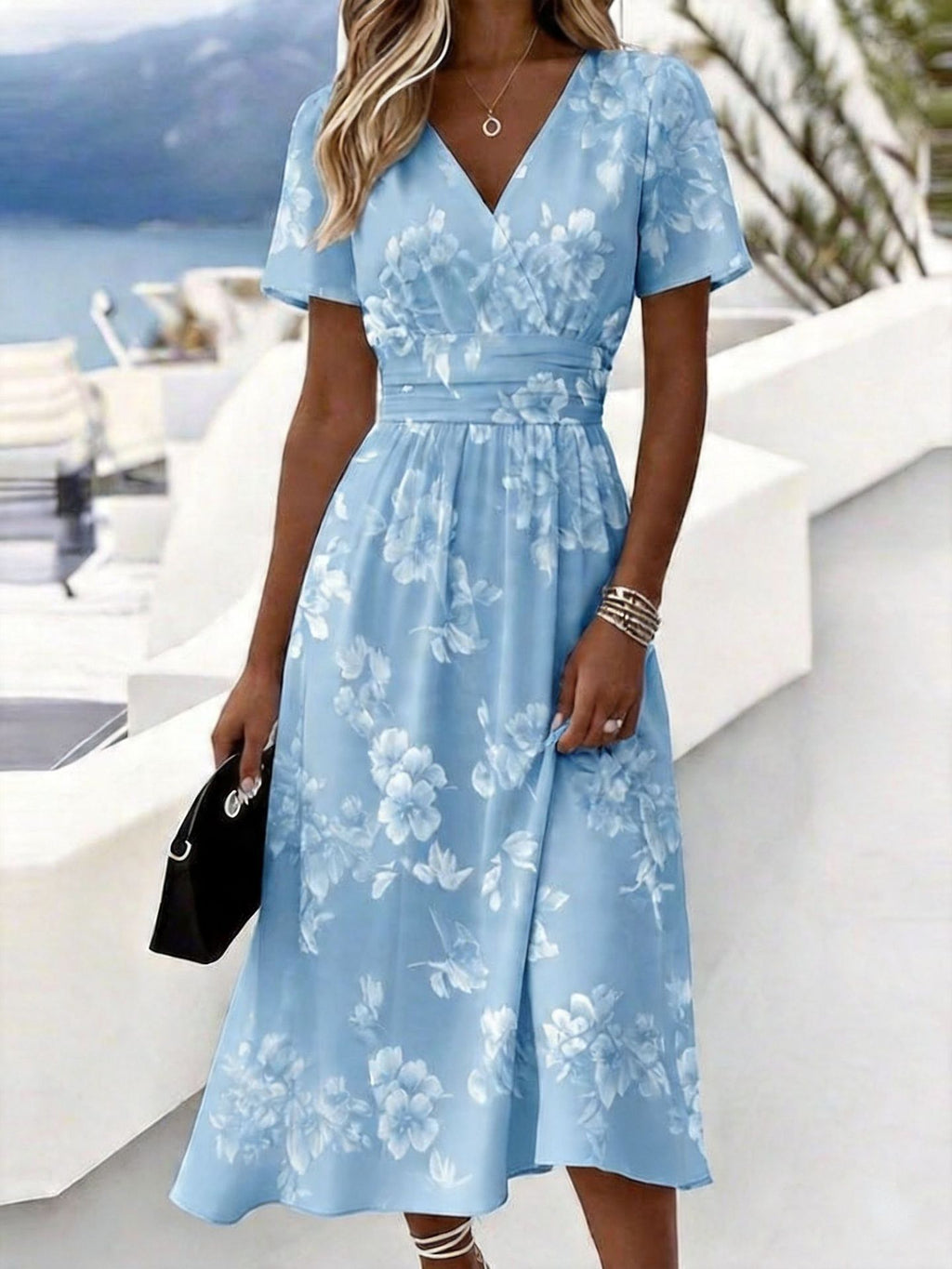 Geblümtes V-Ausschnitt Kurzarmkleid mit 3D-Print – Bild 15 | LuxeStyle